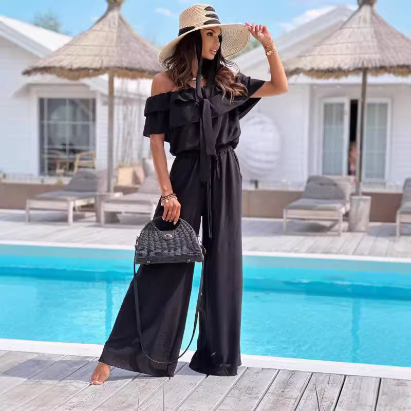 Ladies Off-Shoulder Wide Leg Jumpsuit Lune London