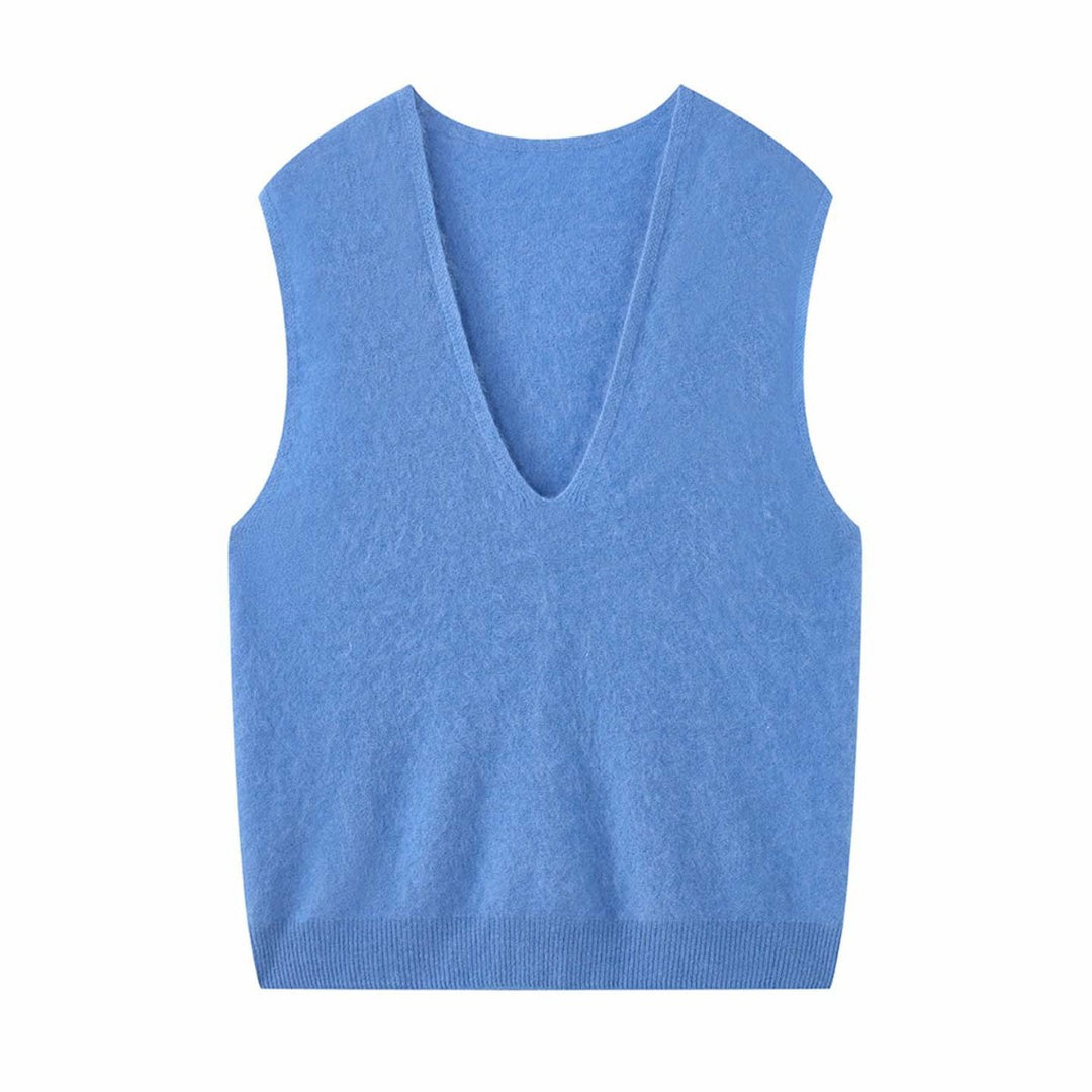 Women Sleeveless V-Neck Knit Vest in Mohair Look with Relaxed Fit Amarae