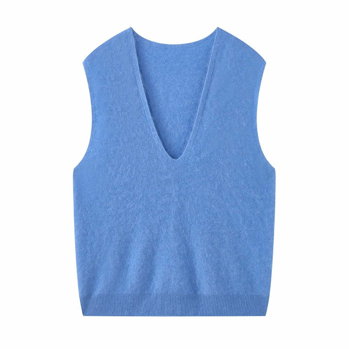 Women Sleeveless V-Neck Knit Vest in Mohair Look with Relaxed Fit Amarae