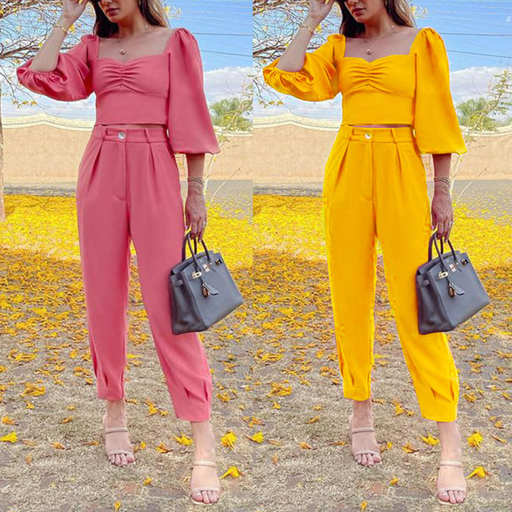 Two-piece set for women with puff sleeves and elegant high-waisted pants Lune London