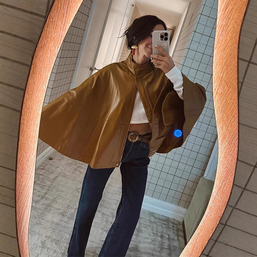 Women's Cape Sleeve Leather Jacket with Stand-up Collar Amarae