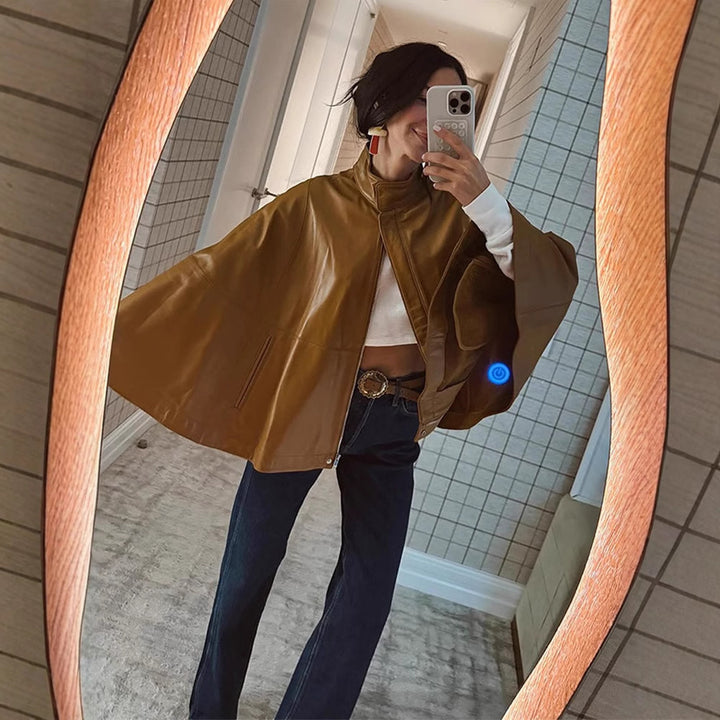 Women's Cape Sleeve Leather Jacket with Stand-up Collar Amarae