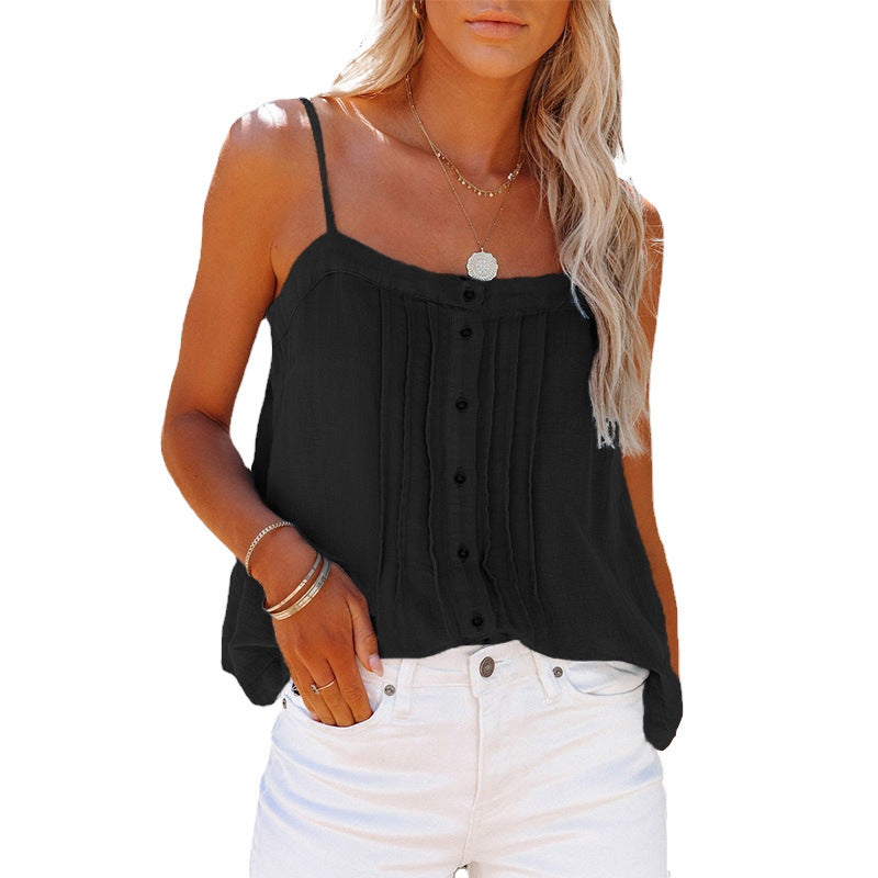 Lightweight women's tank top with spaghetti straps, plaid design and button details Amarae