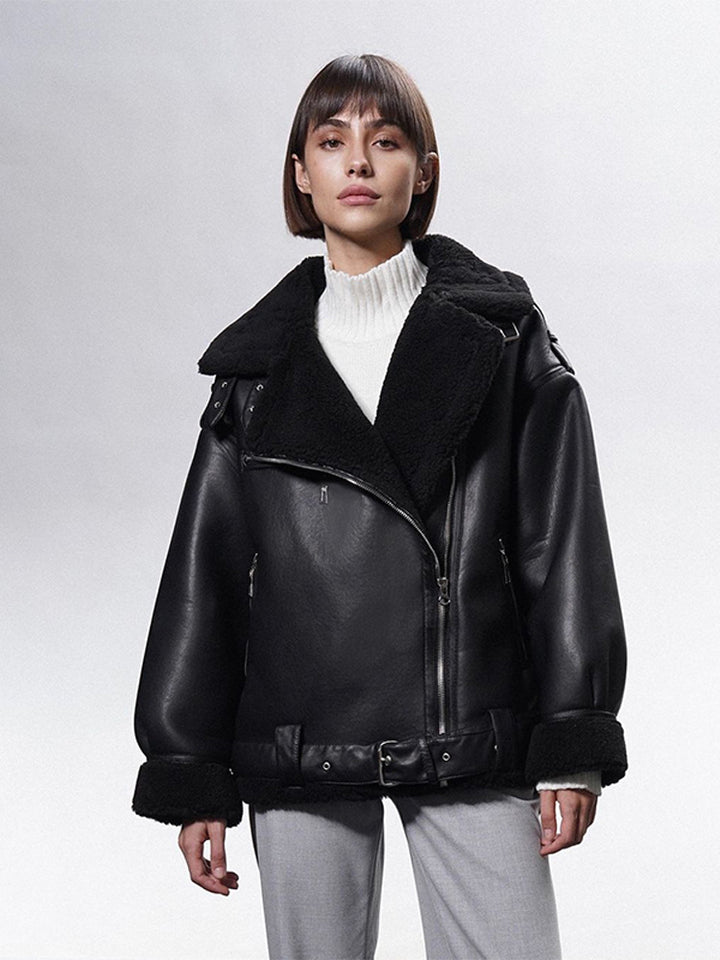 Women's Oversized Biker Jacket with Teddy Fur Lining and Adjustable Belts Amarae