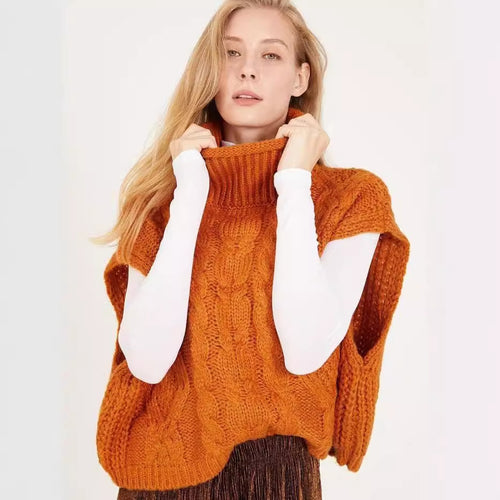 Trendy knitted sweater for women with high collar and cable knit pattern Amarae