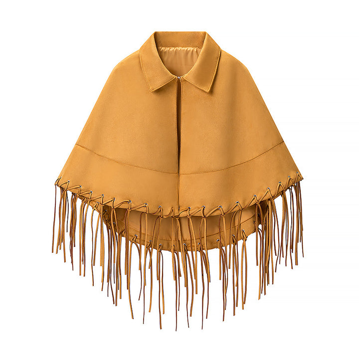 Women Fringe Cape made of Suede Imitation with Eyelets and Lapel Collar Amarae