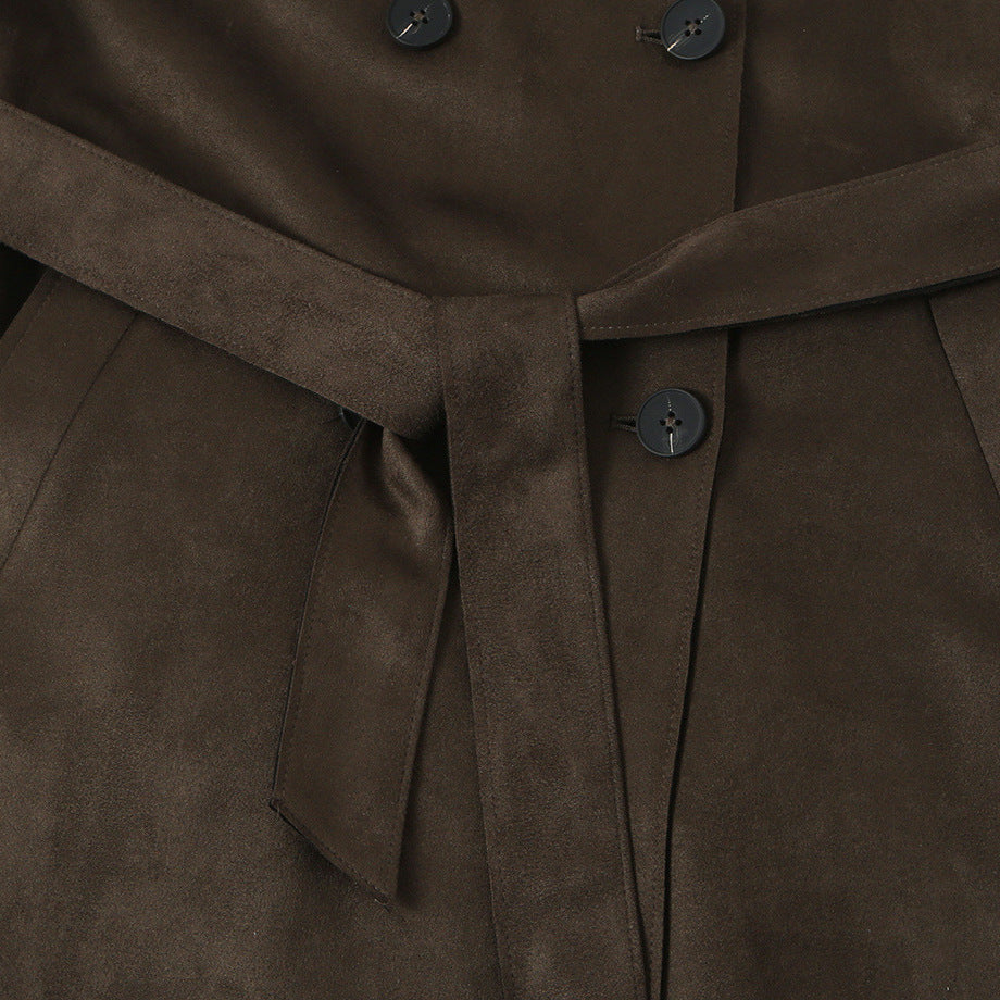 Women long cut trench coat made of suede look with tie belt Amarae