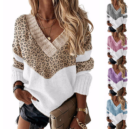 Amarae V neck sweater for women with leopard pattern
