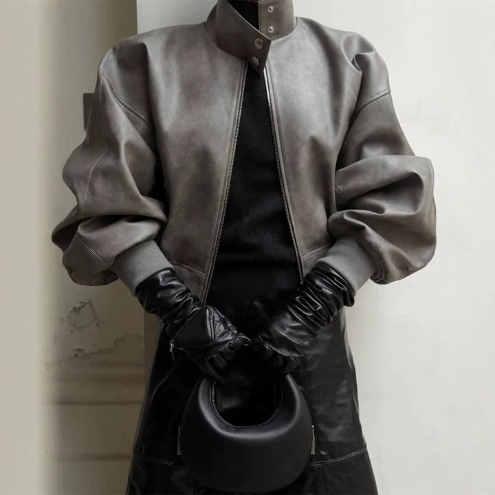 Women Short Oversized Faux Leather Bomber with High Stand-Up Collar and Snap Button Details Amarae