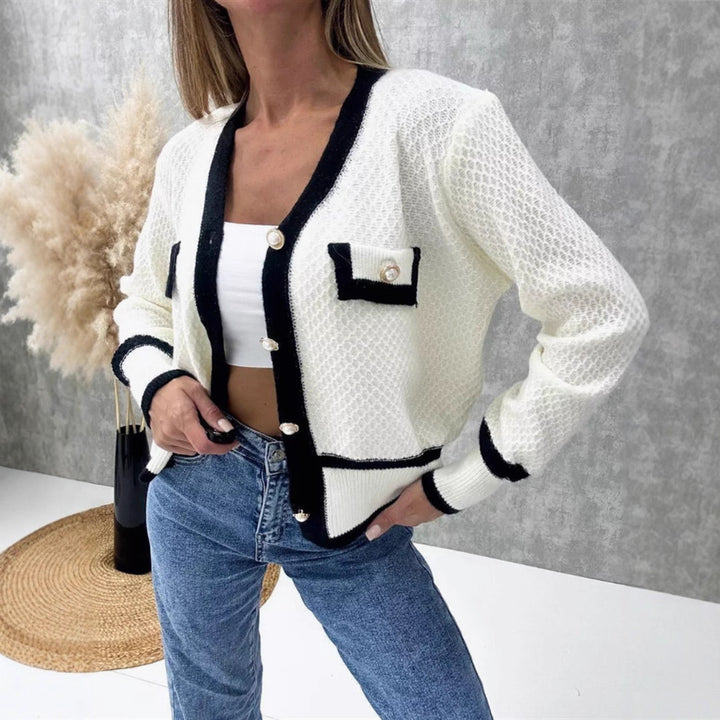 Ladies trendy cardigan with chic and stylish mother of pearl buttons