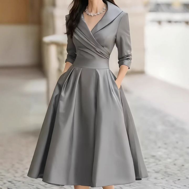 Women's Elegant Satin Midi Dress with Wrap Top, Mid-Length Sleeves and Side Pockets Amarae