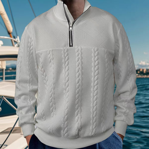 Men's textured cotton sweater with modern high collar and practical zipper Amarae