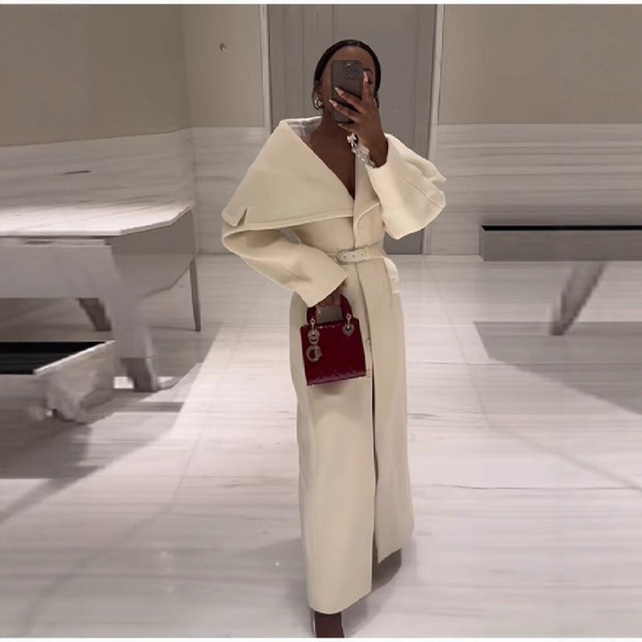 Ladies Maximal long wool blend coat with oversized shawl collar and waist belt Amarae