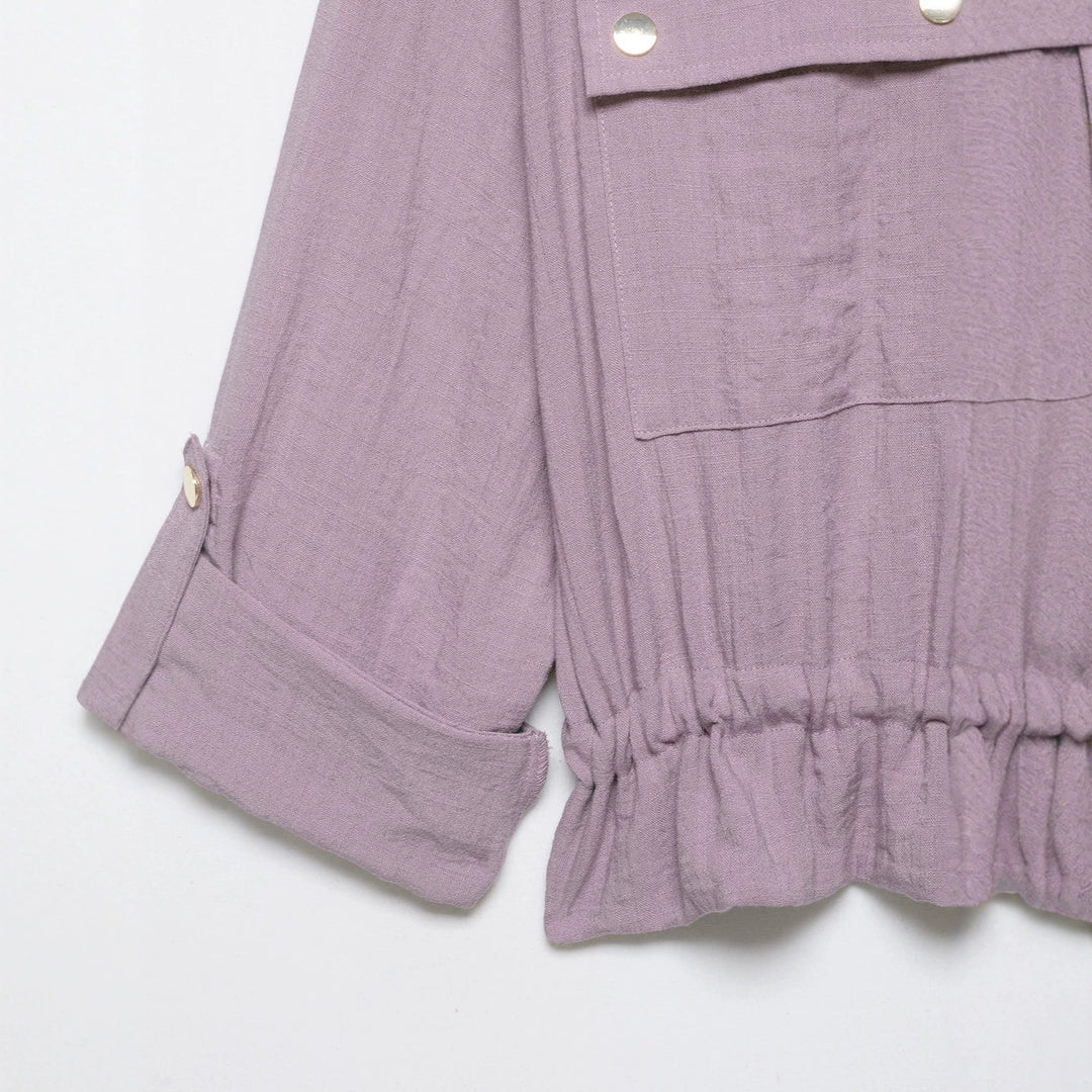 Women's Lightweight Shirt Blouse Utility Jacket with Drawstring Waist and Flap Pockets