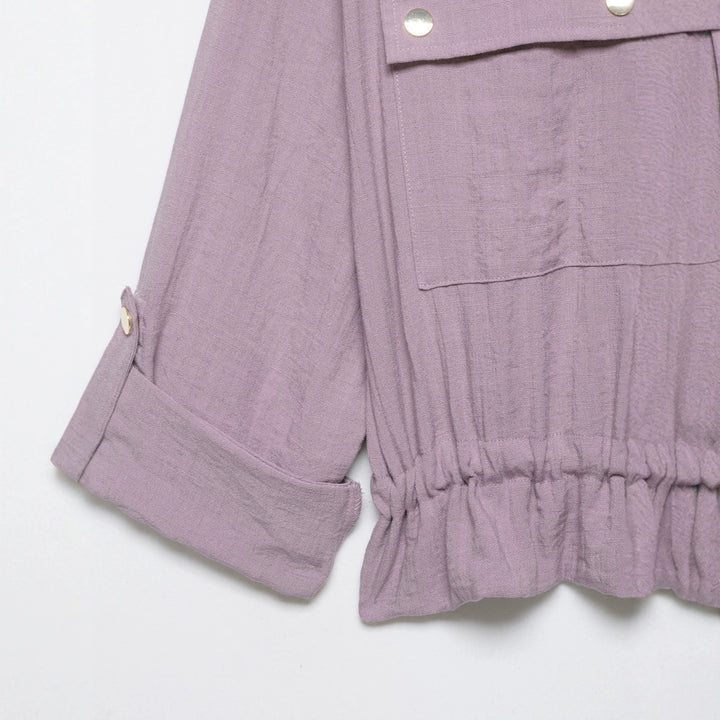 Women's Lightweight Shirt Blouse Utility Jacket with Drawstring Waist and Flap Pockets