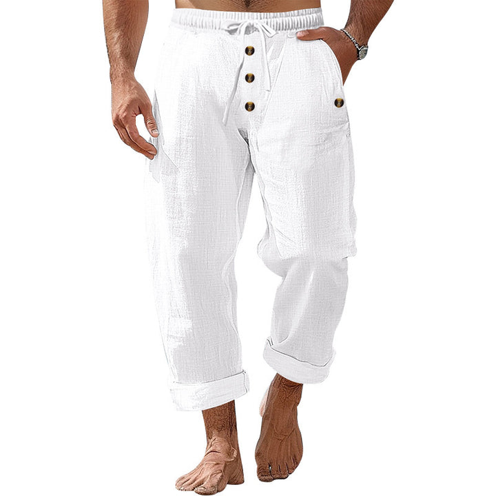 Casual beach pants for men with elastic waistband and practical button details Lune London