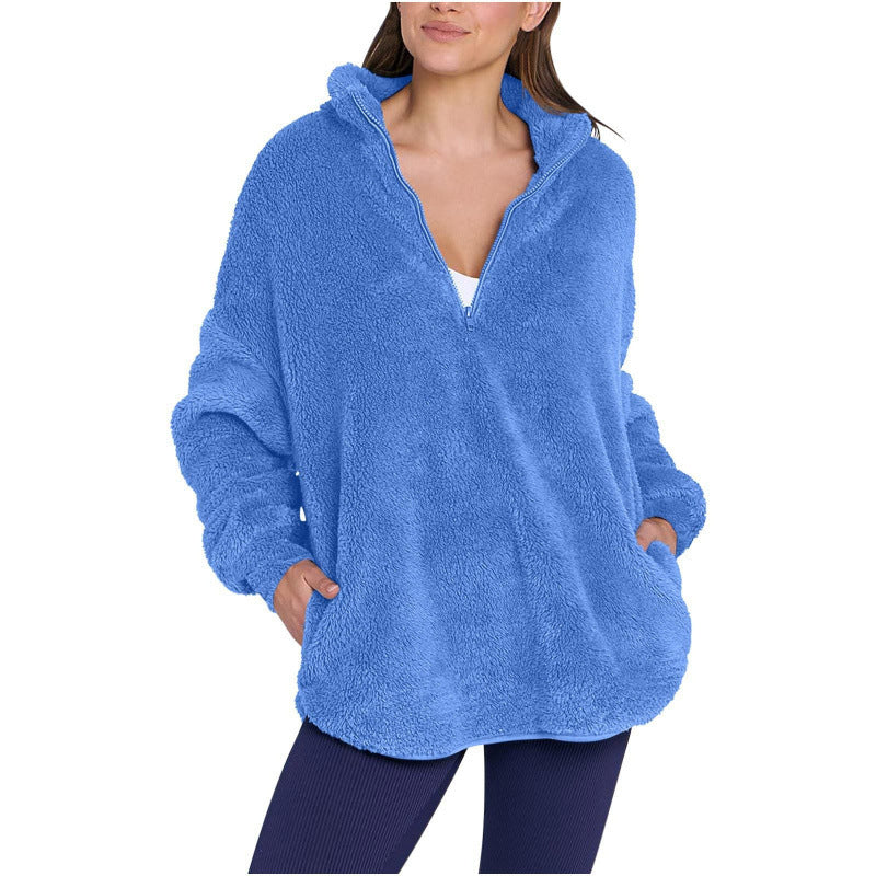 Women Fluffy Oversized Sherpa Pullover with Half Zip and Kangaroo Pockets Amarae