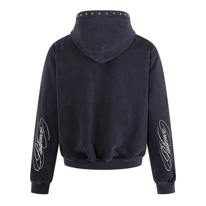 Men's Short Cut Zip Hooded Jacket made of Velour with Studded Hood Amarae