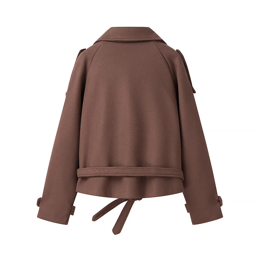 Elegant woman's short coat with double-breasted buttons and waist belt Lune London