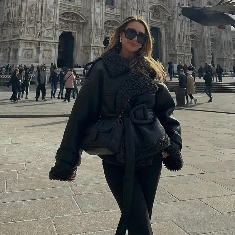 Fashionable vegan leather jacket for women with cozy fur collar and fitted belt Lune London