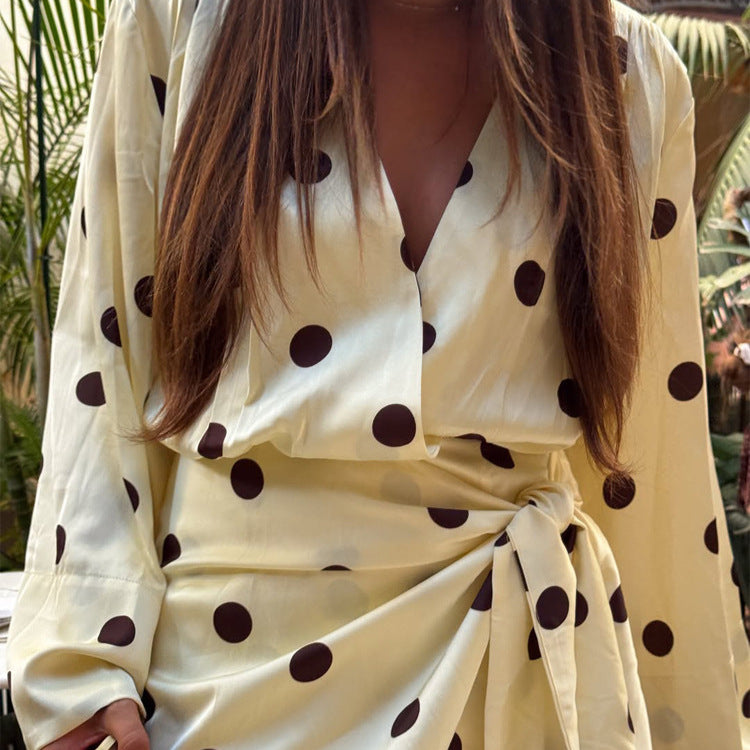 Ladies wrap mini dress with V-neck, bell sleeves and polka dot print Amarae