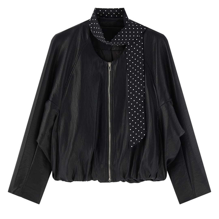 Women's leather bomber jacket with zipper, raglan sleeves and elastic hem Amarae