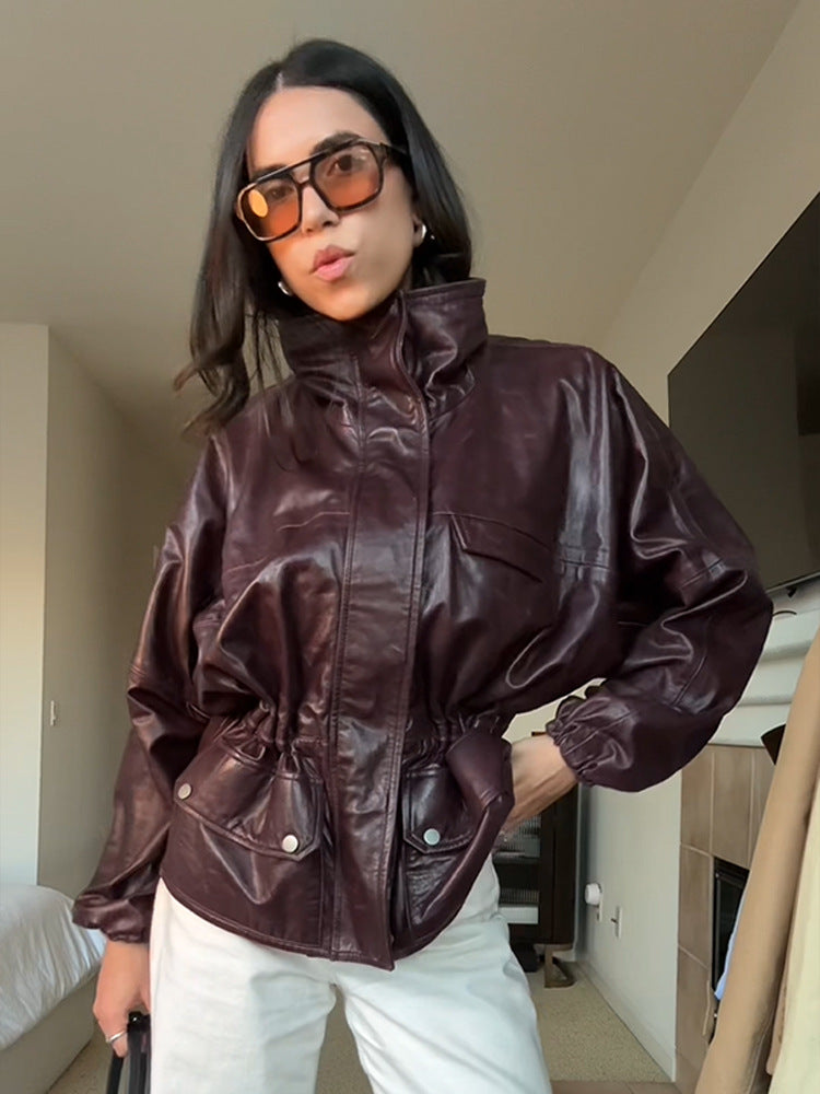 Women's Oversize Faux Leather Blouson with High Stand Collar and Waist Drawstring Amarae