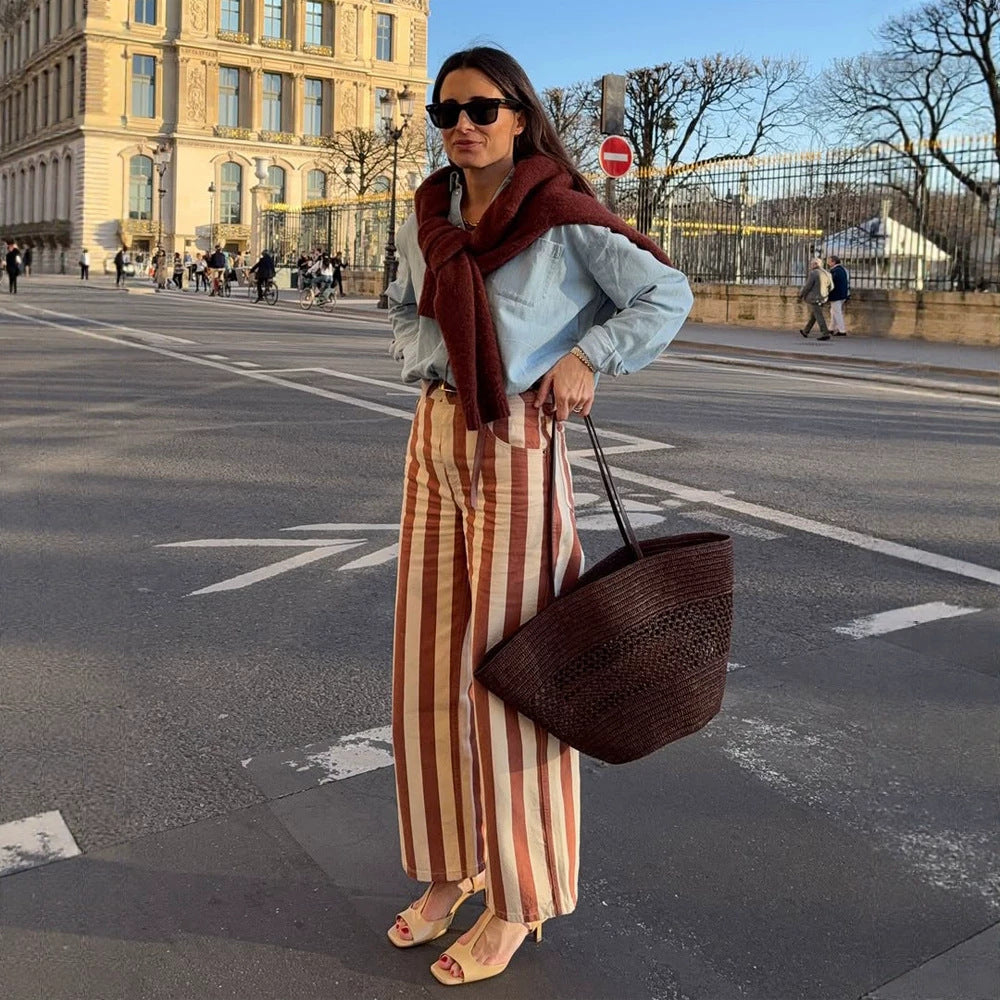 Women's Striped High-Waist Linen Pants with Wide Leg Amarae