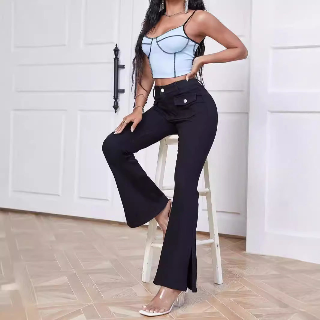 Women High-Waist Flared Trousers made of Stretch Denim with Pocket Flaps and Front Slit Amarae
