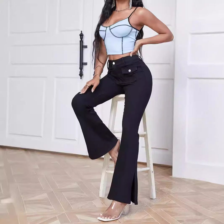 Women High-Waist Flared Trousers made of Stretch Denim with Pocket Flaps and Front Slit Amarae