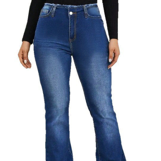 Women's High-Waisted Elastic Jeans with Bootcut and Frayed Hem Amarae