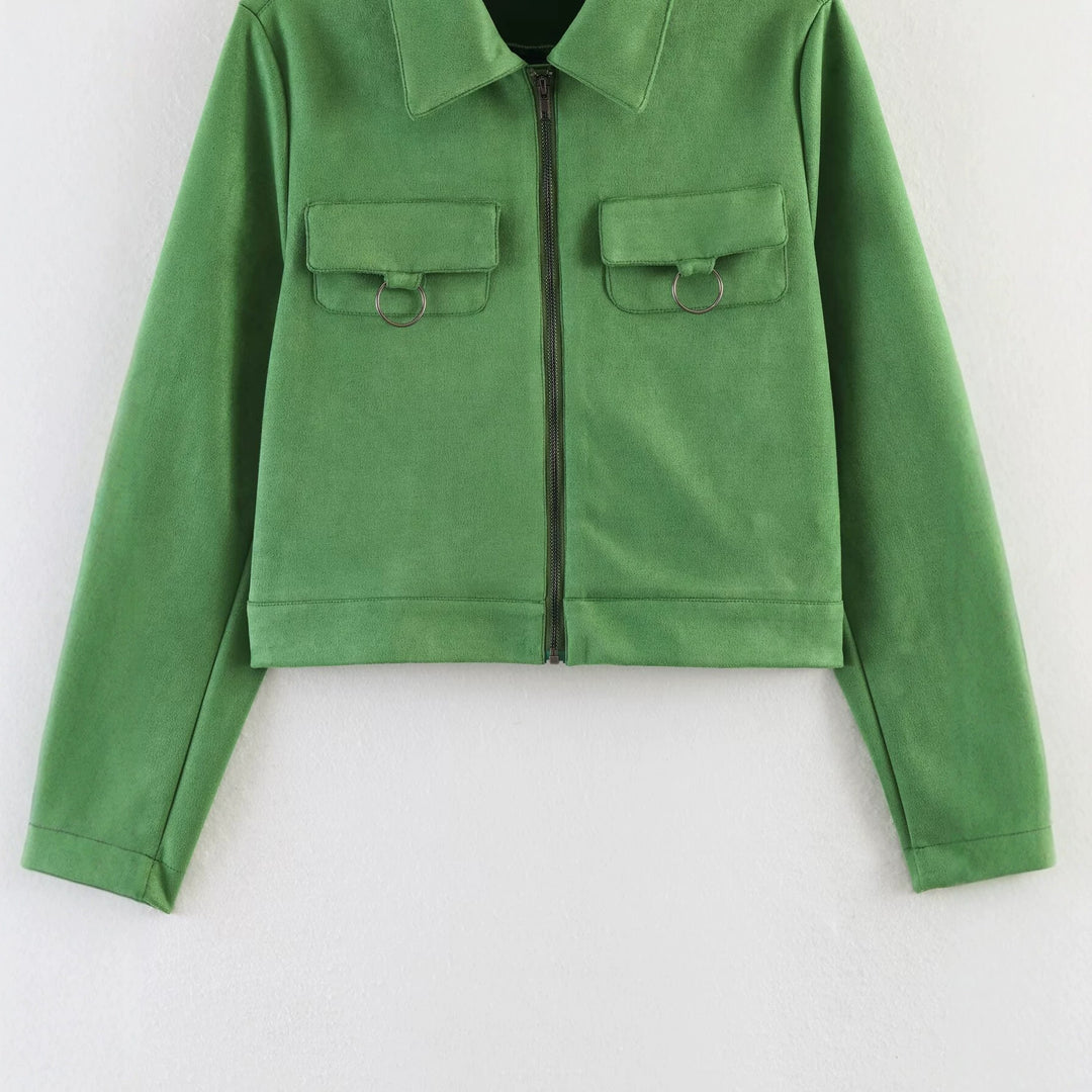 Ladies short cut velour jacket with breast pockets and zipper Amarae