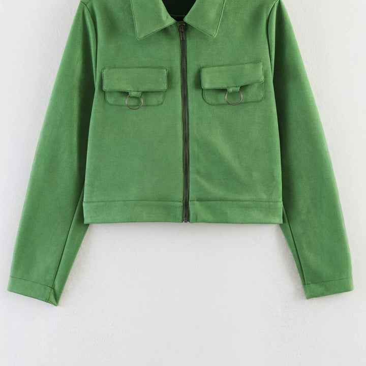 Ladies short cut velour jacket with breast pockets and zipper Amarae