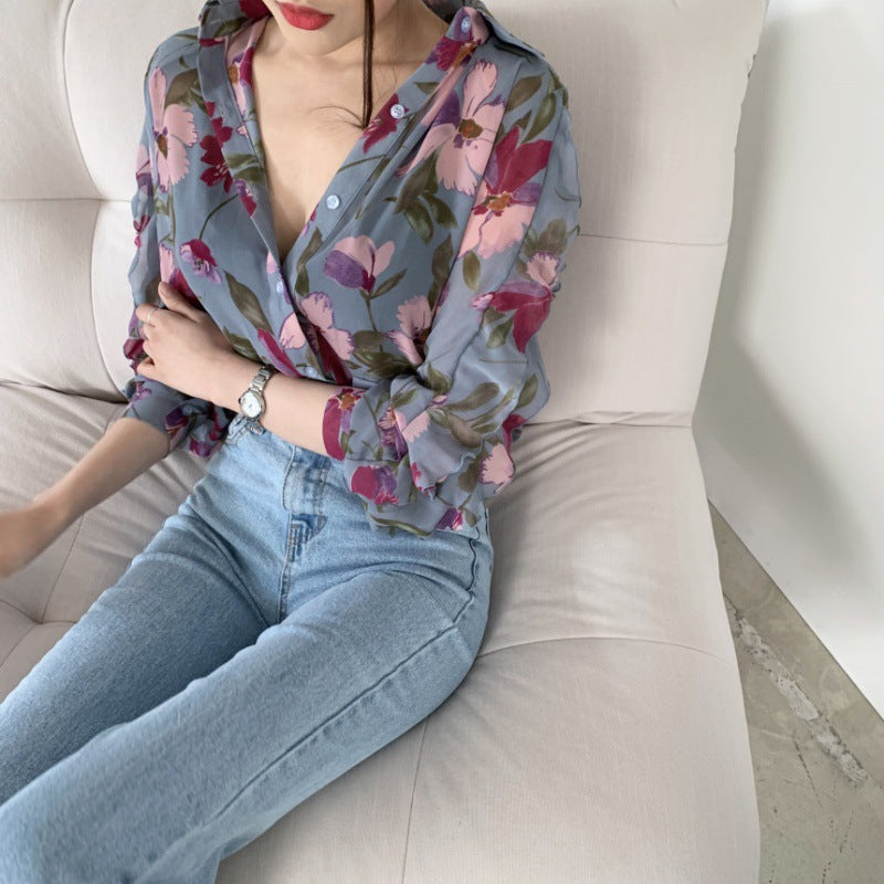 Ladies Chiffon Printed Floral Buttoned Blouse Lune London