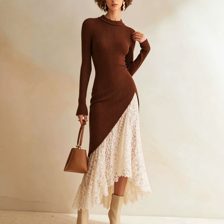 Women Midi dress made of fitted fine knit with asymmetric lace ruffle Amarae