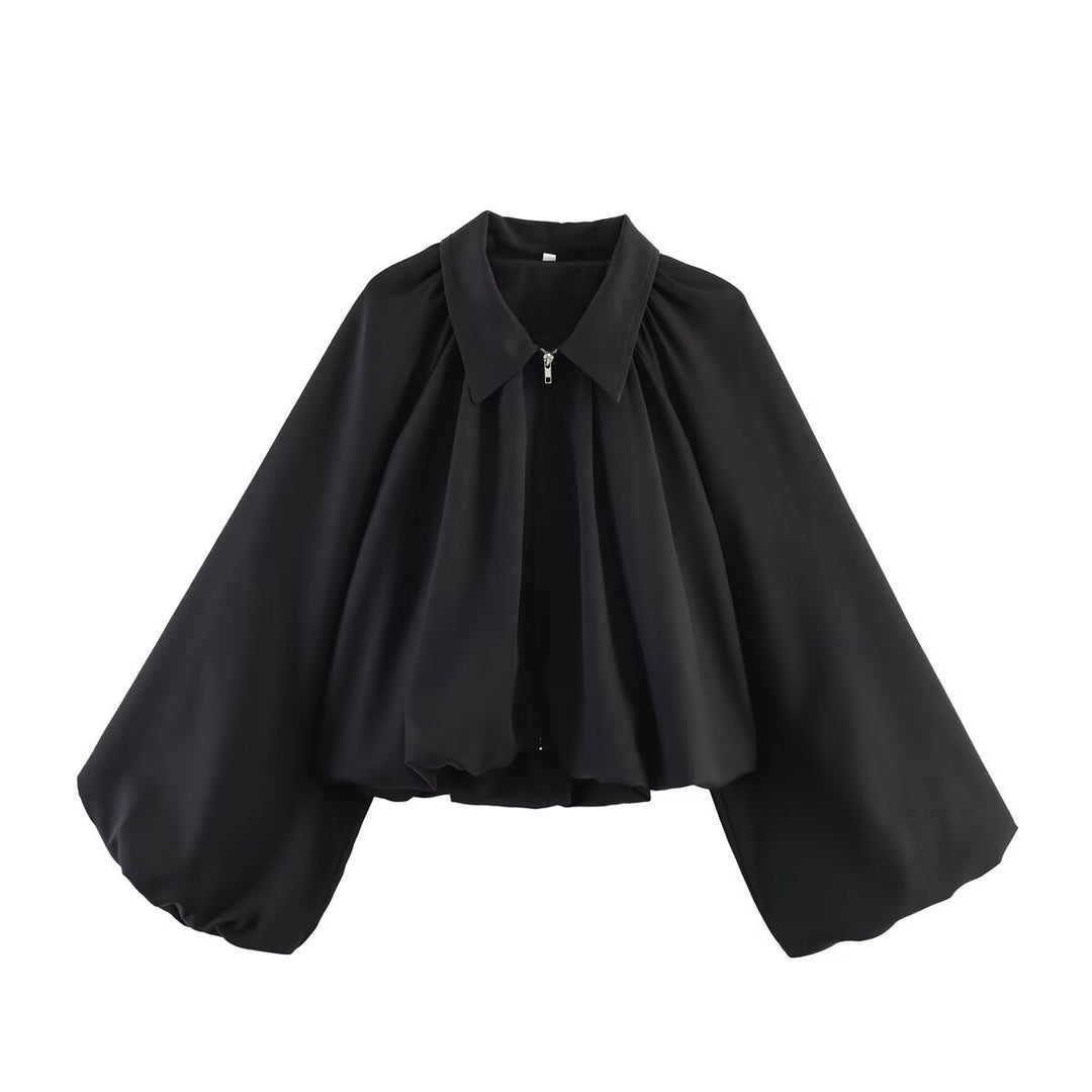 Women Short Cape Jacket with Wide Balloon Sleeves and Zipper Amarae