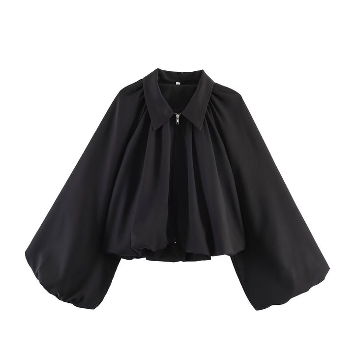 Women Short Cape Jacket with Wide Balloon Sleeves and Zipper Amarae