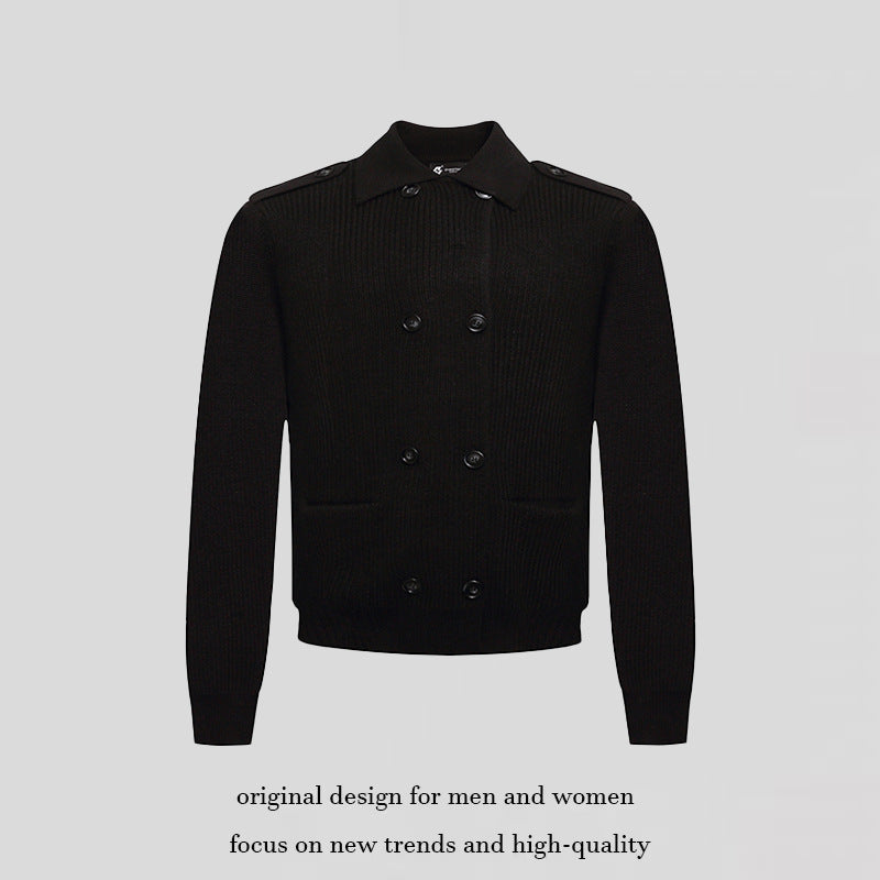 Men's knit double-breasted cardigan with collar, shoulder tabs, and welt pockets Amarae