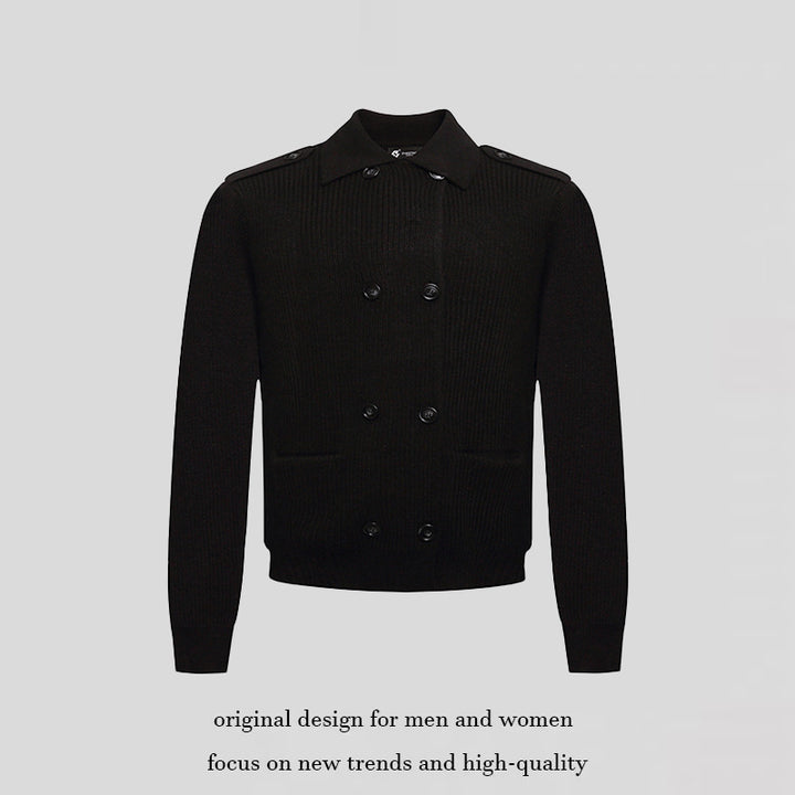 Men's knit double-breasted cardigan with collar, shoulder tabs, and welt pockets Amarae