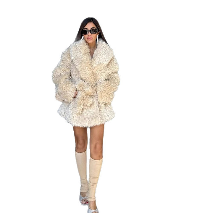 Women Short Cozy Faux Fur Coat with Waist Belt and Voluminous Shawl Collar Amarae