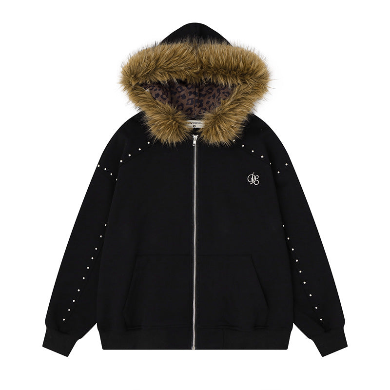 Women's hooded sweat jacket with faux fur trim, leopard lining and decorative studs Amarae