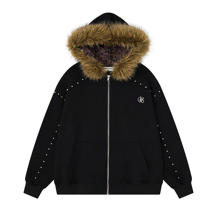 Women's hooded sweat jacket with faux fur trim, leopard lining and decorative studs Amarae