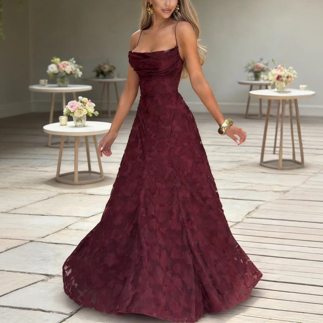 Ladies Elegant Maxi Dress with Floral Lace Design and Adjustable Spaghetti Straps Lune London