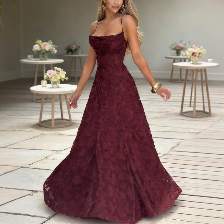 Ladies Elegant Maxi Dress with Floral Lace Design and Adjustable Spaghetti Straps Lune London