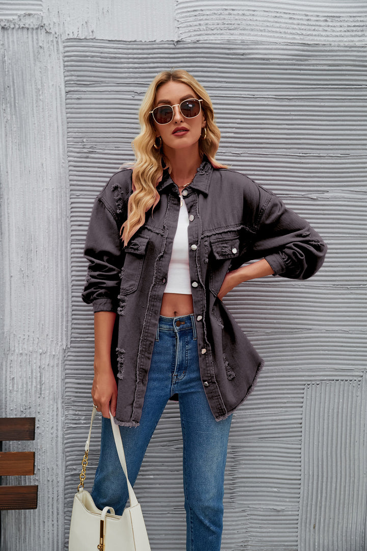 Oversized denim jacket for women with modern distressed details Lune London