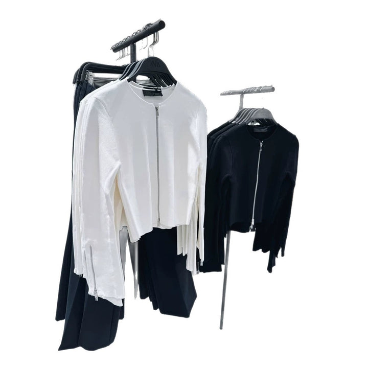 Ladies Tailored Cropped Cardigan with Full Metal Zipper and Extended Cuff Zippers Amarae