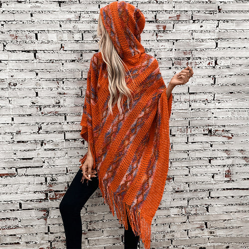 Ladies knitted poncho with hood and fringe design Amarae