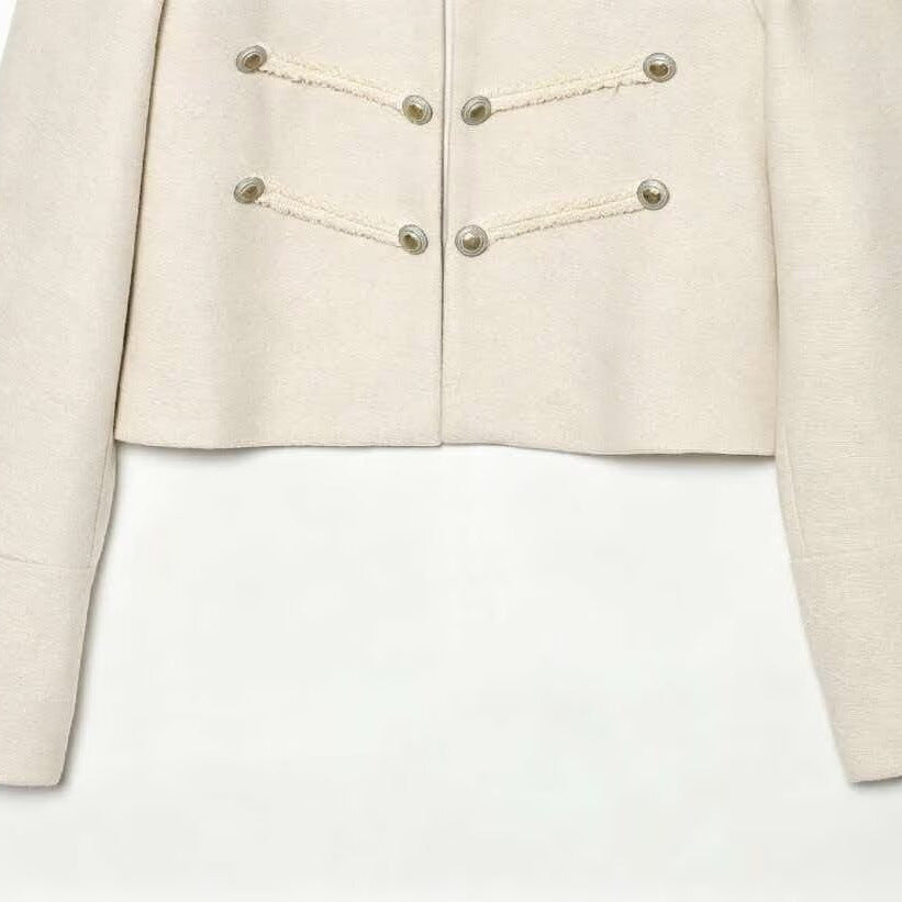 Women's short military jacket with stand-up collar, decorative cords and decorative buttons Amarae