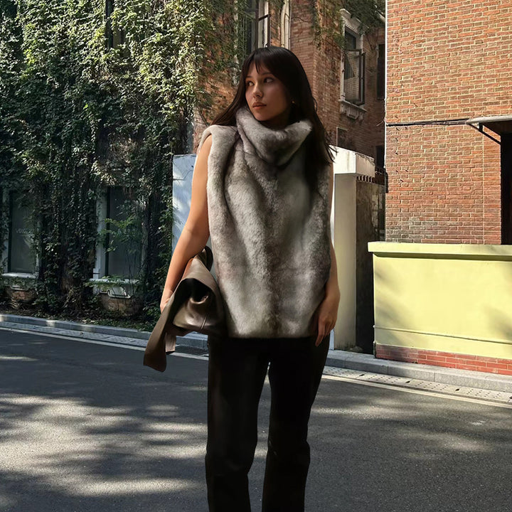 Women’s Sleeveless Faux Fur Vest with High Wrap Collar and Short Cut Amarae