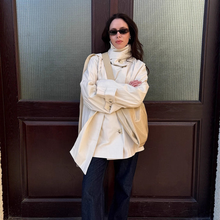 Ladies Short Oversize Trench Coat with High Stand-Up Collar, Concealed Button Placket & Wide Cuffs Amarae